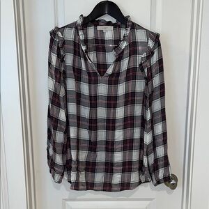 LOFT Plaid V-Neck Blouse - Black, Red, White plaid with ruffled detail, size L